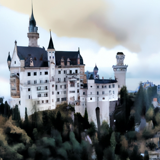 Imaginea arată Castelul Neuschwanstein în Bavaria, cu arhitectura sa impresionantă și peisajul scenic din jur.