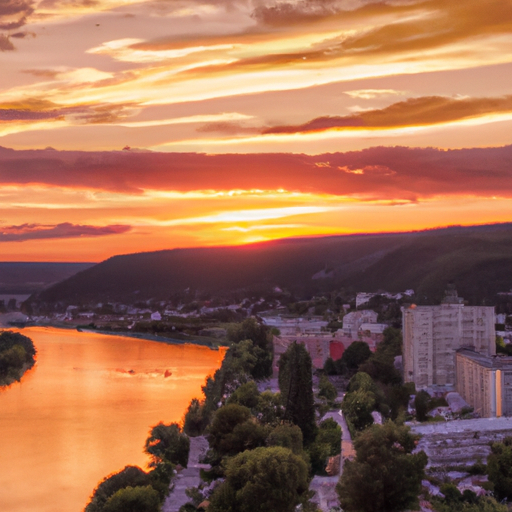 O imagine cu un apus superb peste fluviul Dunărea în zona Cazanelor Dunării, cu hotelurile și pensiunile pitorești în prim-plan.