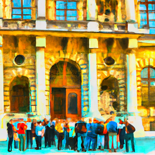 O imagine cu un grup de turiști entuziaști explorează fațada impresionantă a Muzeului de Artă Istorică din Viena.