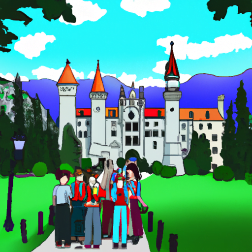 O imagine cu un grup de turiști entuziaști explorând Castelul Neuschwanstein într-o zi însorită de vară.